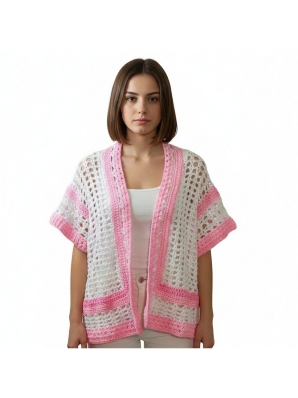 Granny Square Open Front Crochet Cardigan Pink White Fishnet Valentine's Sweater